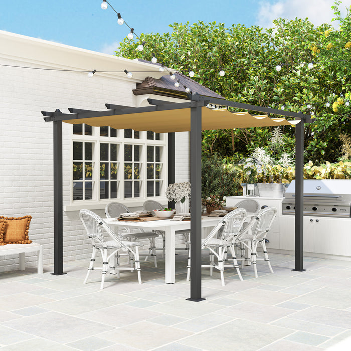 Khaki 3 x 3m Aluminium Pergola with Retractable Roof for Garden and Patio by Outsunny