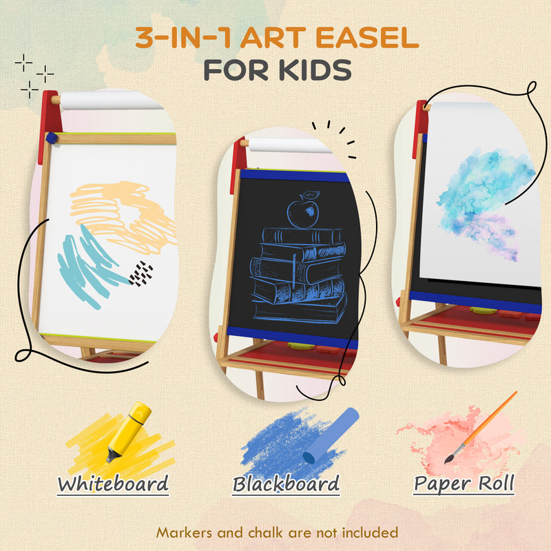 3 in 1 Wooden Kids Easel with Paper Roll Whiteboard Chalkboard and Painting Accessories by AIYAPLAY Aiyaplay