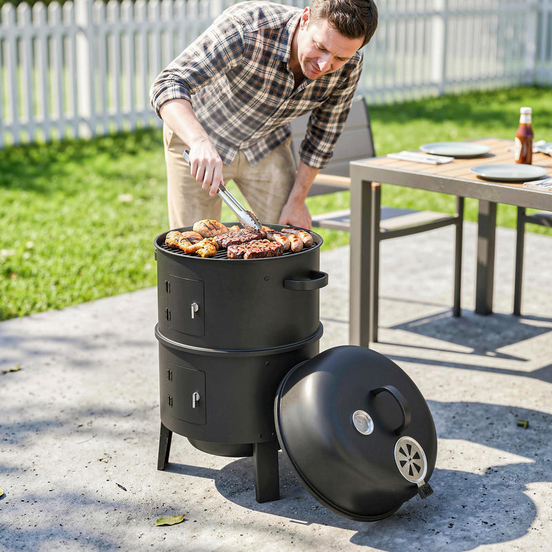 BBQ Smoker Grill and Fire Pit for Easy Outdoor Cooking with Two-Tier Cooking Space Black Outsunny