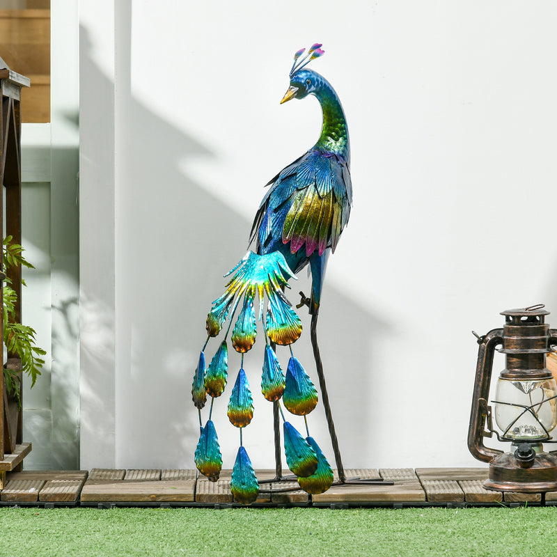 Metal Peacock Garden Ornament for Lawn or Patio Display Eye Catching Design Blue AOSOM