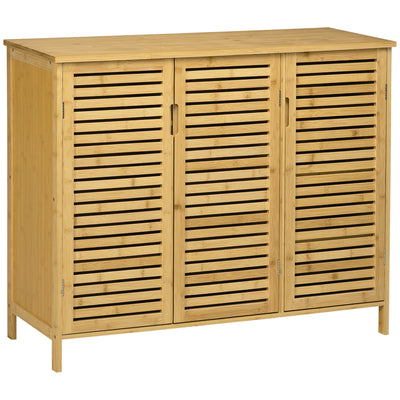 Bamboo 3 Door Shoe Storage Cabinet With 8 Shelves For Organised Hallway Storage, Natural Wood Finish, Holds 16 Pairs, UK Size 11 Homcom