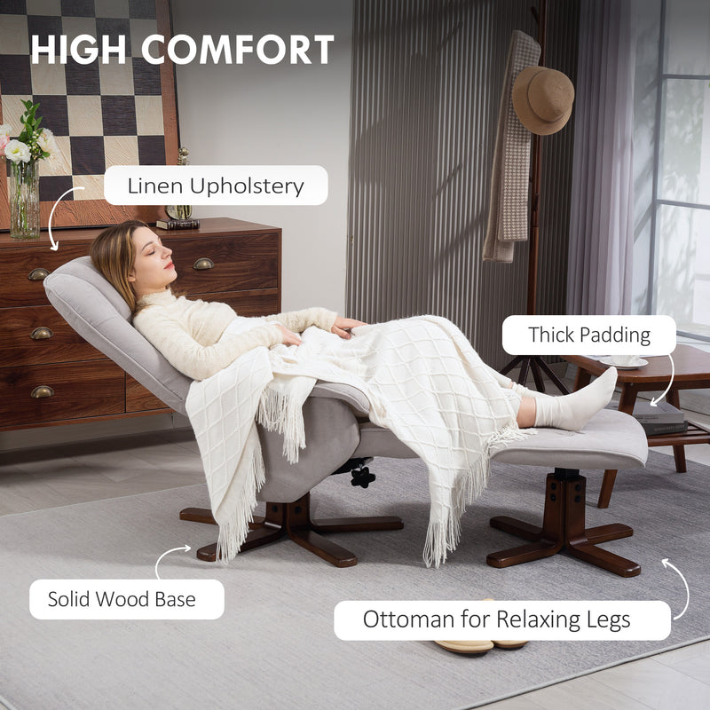 Light Grey Linen Swivel Recliner Chair with Footstool and Wooden Base for Living Room by HOMCOM