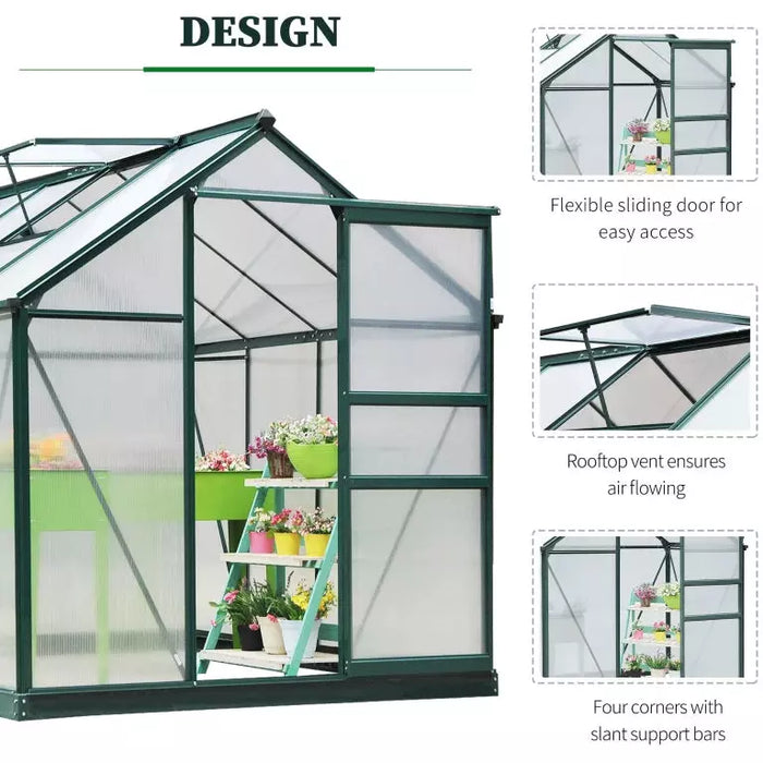 6x8ft Polycarbonate Greenhouse, Slide Door, Clear