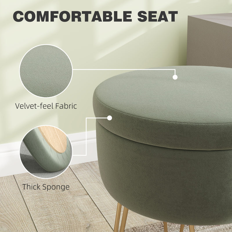Round Storage Ottoman Footstool with Lid Green Velvet Feel Gold Legs by HOMCOM