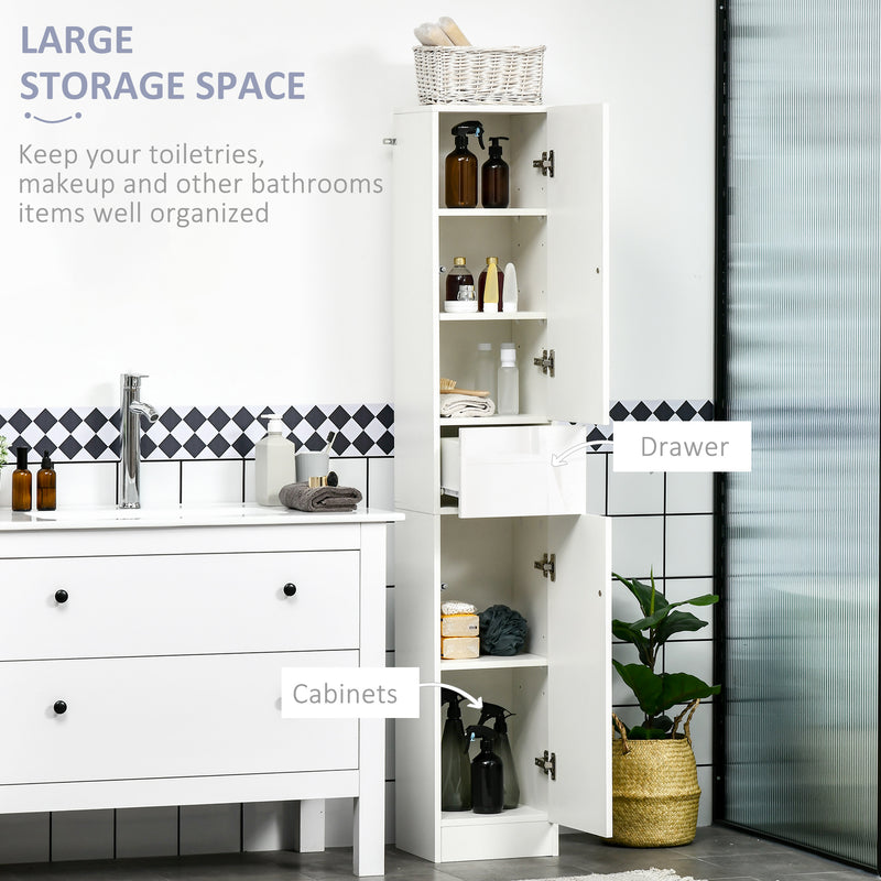 Tall Bathroom Storage Cabinet with Drawer and Adjustable Shelves Freestanding White