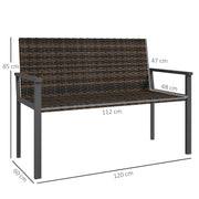 2 Seater Rattan Garden Bench with Cushions and Steel Frame for Patio or Park by Outsunny