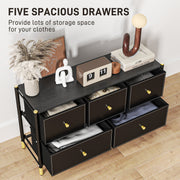 Black Faux Leather Chest of 5 Drawers With Gold Handles by HOMCOM