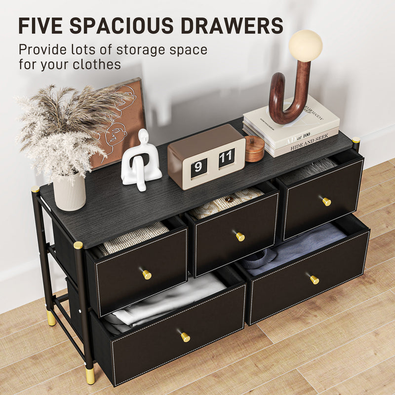 Black Faux Leather Chest of 5 Drawers With Gold Handles by HOMCOM