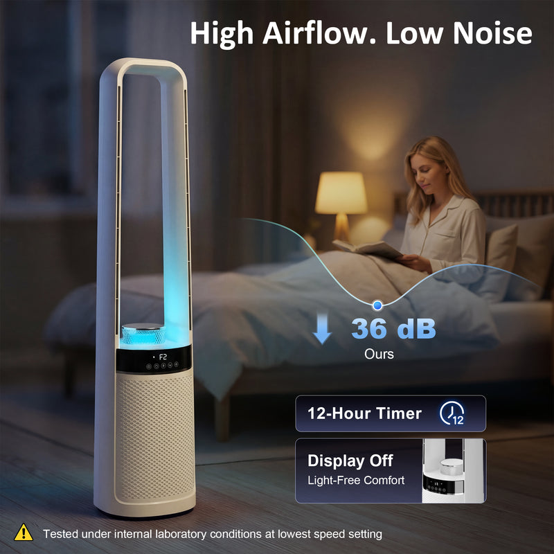 Oscillating Bladeless Tower Fan with Quiet Sleep Mode LED Lights and Remote Control for Bedrooms and Living Rooms, White