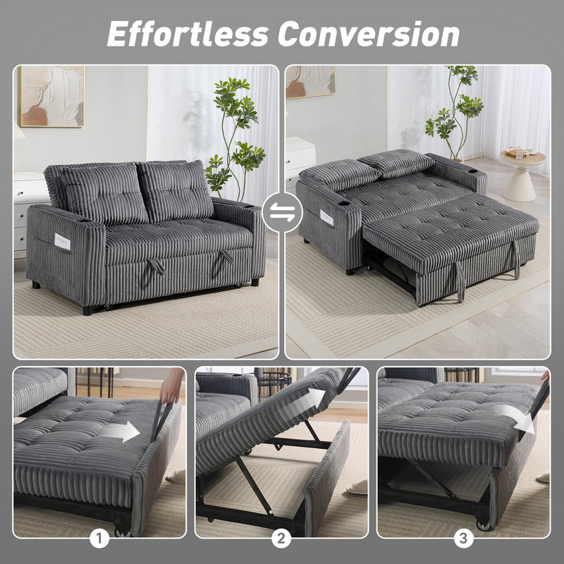 2 Seater Sofa Bed with Pull Out Design and Soft Corduroy Upholstery for Small Spaces Charcoal Grey