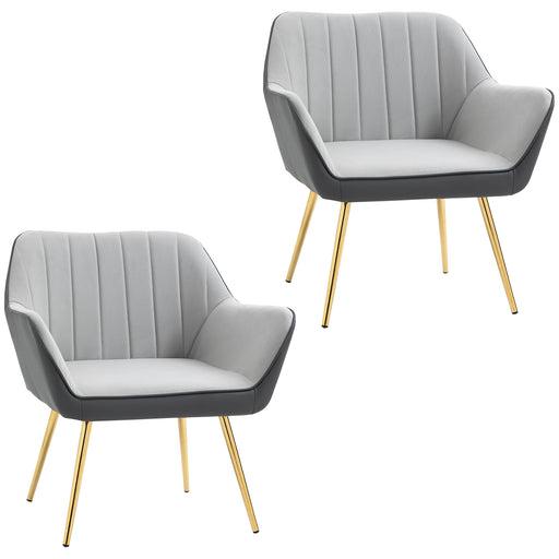 Set of 2 Modern Velvet Armchairs with Gold Legs Ideal for Living Room or Bedroom Light Grey