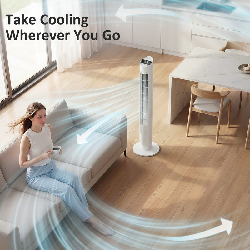 Tower Fan for Bedrooms and Living Rooms with Quiet Operation and Smart Controls White AOSOM