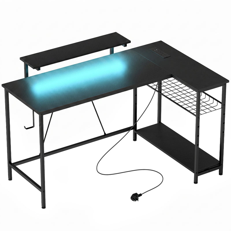 L Shaped Desk with Shelves and LED Lighting for Organised Home Office Black