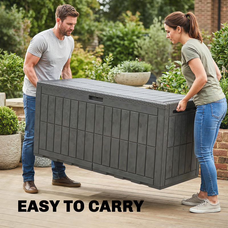 440L Waterproof Plastic Garden Storage Box With Bench Seat For Garden Tools & Cushions Wood Effect Coffee