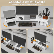 White Dual Monitor Stand Riser with Adjustable Length and Storage Drawers by HOMCOM AOSOM