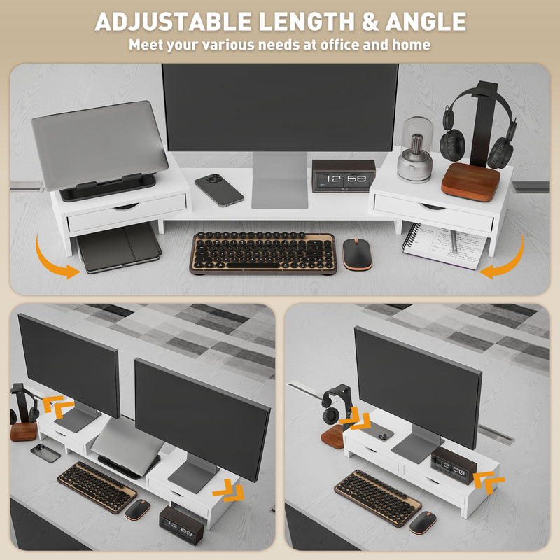 White Dual Monitor Stand Riser with Adjustable Length and Storage Drawers by HOMCOM AOSOM