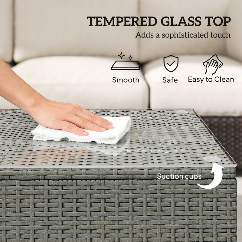 Rattan Garden Coffee Table with Glass Top for Patio or Conservatory Use Light Grey AOSOM