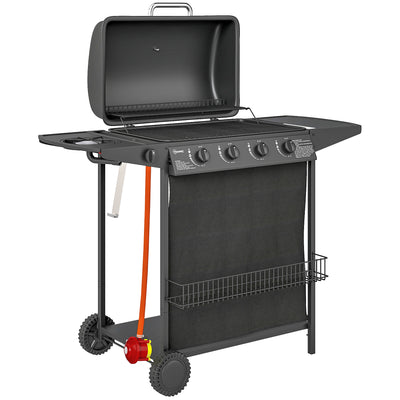 4 Plus 1 Burner Gas BBQ Grill with Thermometer Side Table and Wheels for Outdoor Cooking by Outsunny