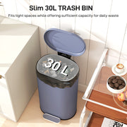 30L Slim Pedal Bin with Soft Close Lid and Removable Bucket for Kitchen or Office Grey