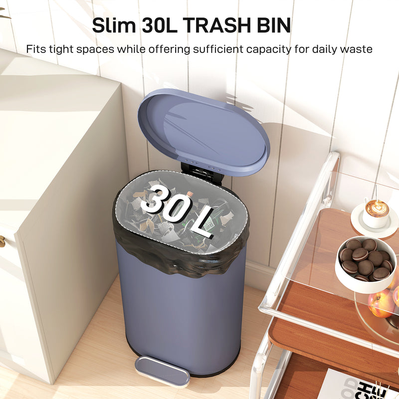 30L Slim Pedal Bin with Soft Close Lid and Removable Bucket for Kitchen or Office Grey
