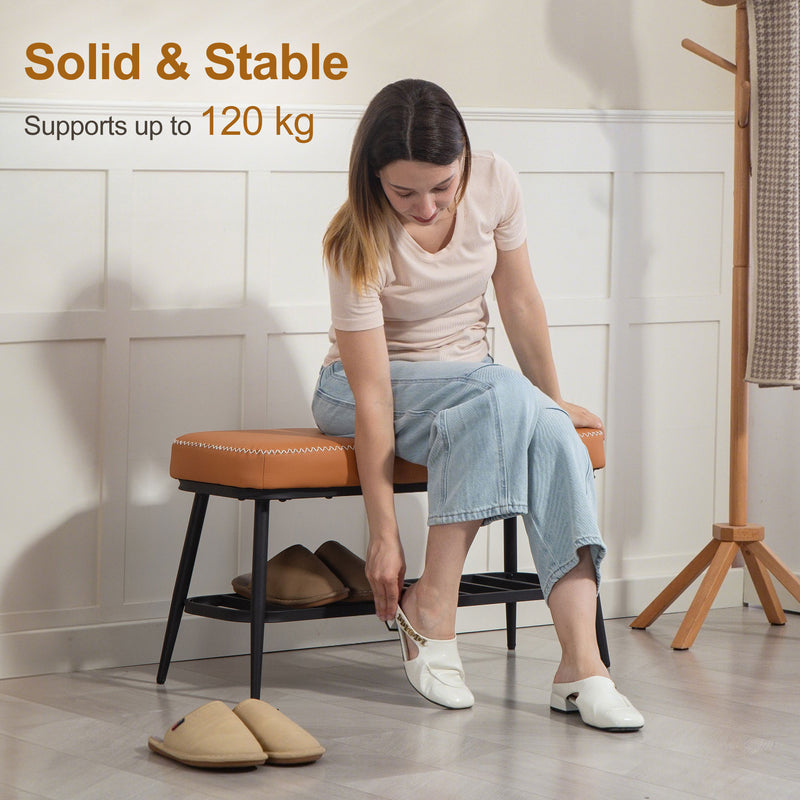 PU Leather Shoe Storage Bench With Padded Seat and Hidden Compartment, Brown