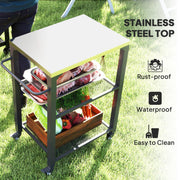 Three-Shelf Outdoor Grill Cart with Stainless Steel Top and Wheels for Kitchen and Garden by Outsunny