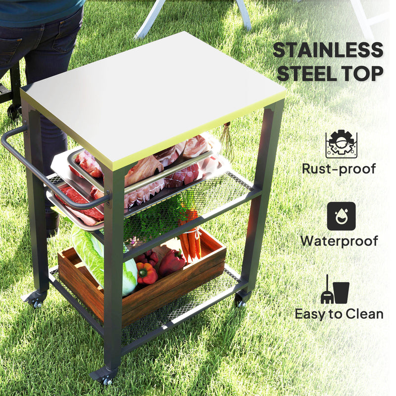 Three-Shelf Outdoor Grill Cart with Stainless Steel Top and Wheels for Kitchen and Garden by Outsunny