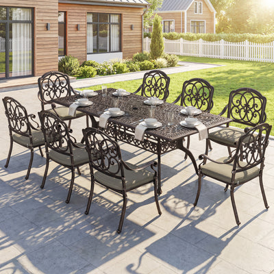 Patio Dining Set for 8 Cast Aluminium with Cushioned Chairs and Weatherproof Table, Bronze and Khaki Outsunny