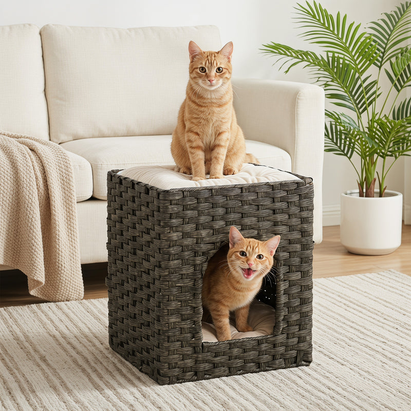 Two Level Cat House with Hideaway and Lounging Platform Easy Clean Grey Beige
