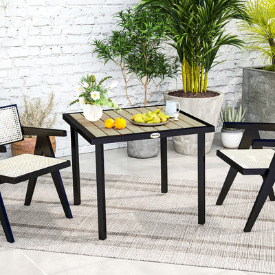 Brown Square Garden Dining Table Slatted Top with Parasol Hole Metal Frame by Outsunny