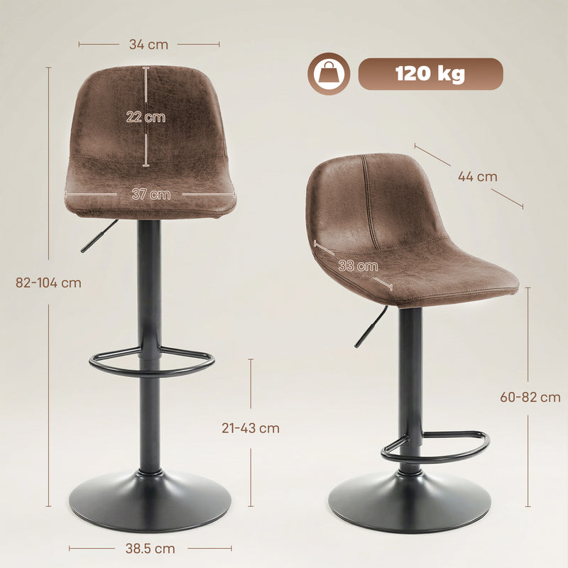 Adjustable Bar Stools Set of 2 with Swivel and Easy Clean Leathaire for Kitchen Counters Brown