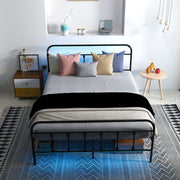 Black Double Metal Bed Frame with LED Lights Charging Station and Under Bed Storage