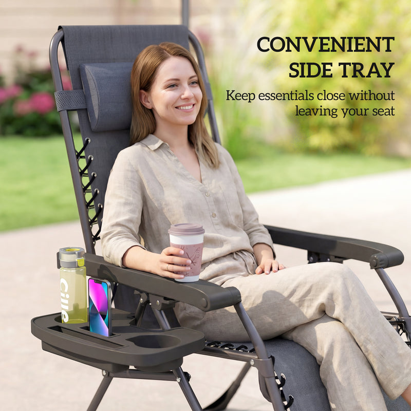 Outsunny Zero Gravity Chairs Set of 2, Folding Sunloungers Reclining Garden Chairs with Cup Holder, Headrest, Dark Grey AOSOM