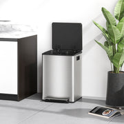 Kitchen Pedal Bin with Dual 20L Compartments for Easy Rubbish and Recycling Silver Tone AOSOM