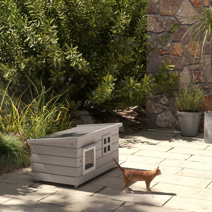 Grey Wooden Outdoor Cat House Raised Shelter with Openable Roof and Window by PawHut