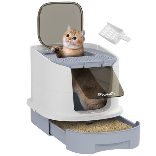 Grey Covered Cat Litter Box With Lid Scoop Deodorisation Bags and Drawer Tray by PawHut