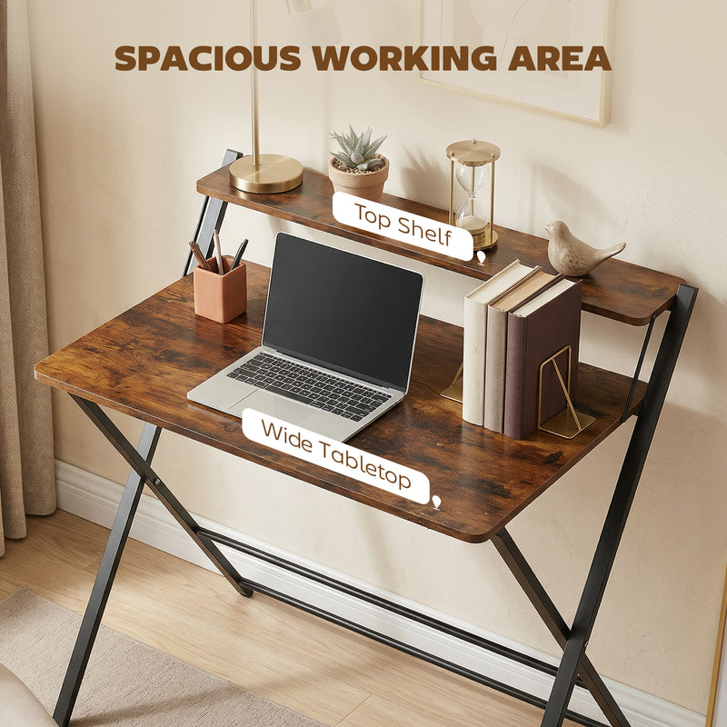 Folding Desk with Upper Shelf for Small Spaces and Easy Storage Rustic Brown AOSOM