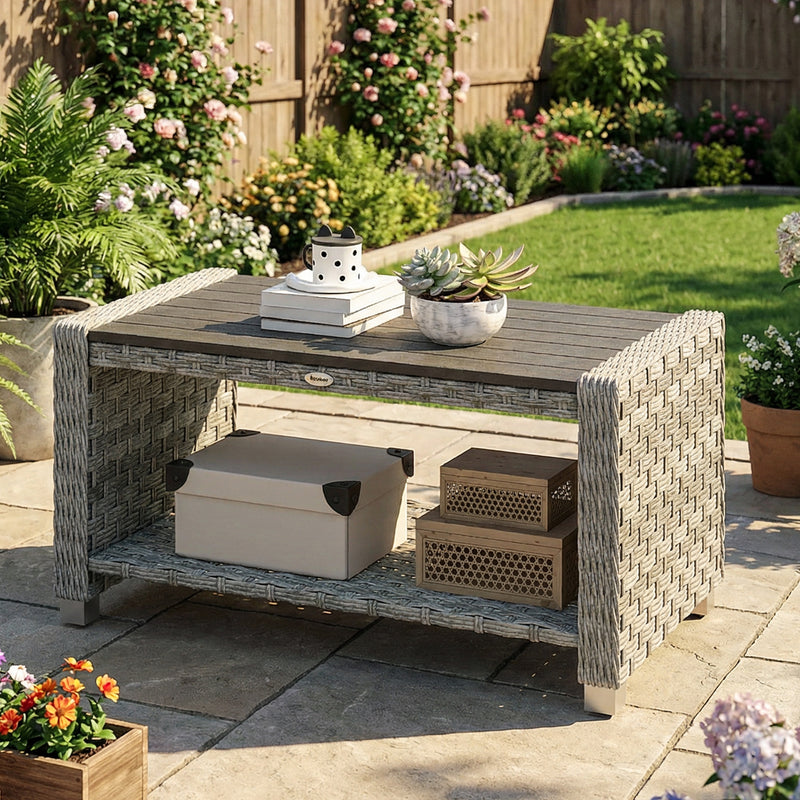 Rattan Coffee Table with Two-Tier Storage for Garden or Conservatory Grey