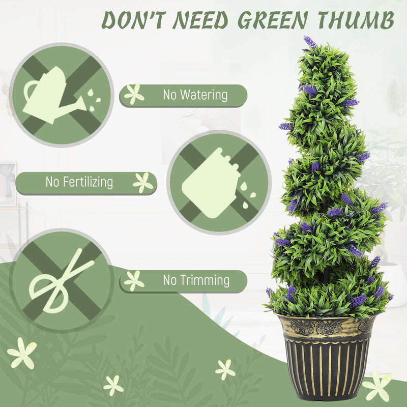 Set of 2 Artificial Boxwood Spiral Topiary Trees with Lavender in Pots 90cm for Indoor Outdoor Decor