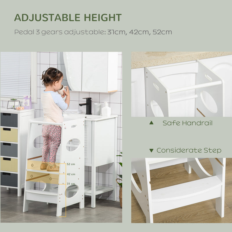 White Toddler Step Stool With Safety Rail Adjustable Kitchen Helper Tower For Kids