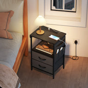Bedside Table with USB Charging Station 2 Drawers & Storage Shelf for Bedroom or Living Room, Black