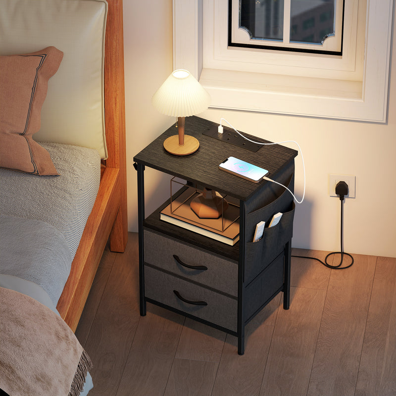 Bedside Table with USB Charging Station 2 Drawers & Storage Shelf for Bedroom or Living Room, Black