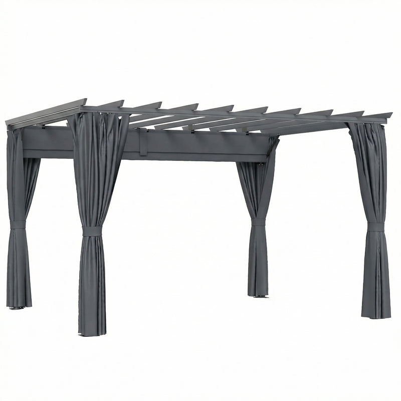 3.6 x 3m Metal Garden Pergola with Retractable Canopy and Curtains for Shaded Outdoor Dining, Dark Grey