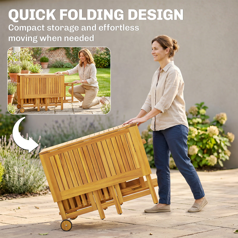 Folding Garden Dining Set for 6 with Space Saving Storage Acacia Wood Natural Outsunny