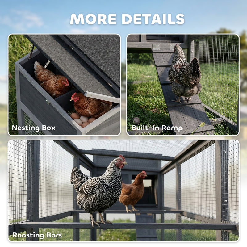 Chicken Coop for 3 to 4 Hens with Easy Clean Tray and Secure Outdoor Run Grey AOSOM