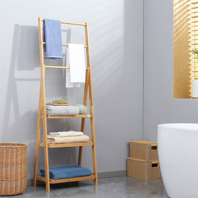 Freestanding Bamboo Towel Rack with Shelves Foldable Space Saver for Bathroom, Natural