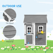 Wooden Kids Playhouse with Doors Windows and Planter Box for Garden Play Grey