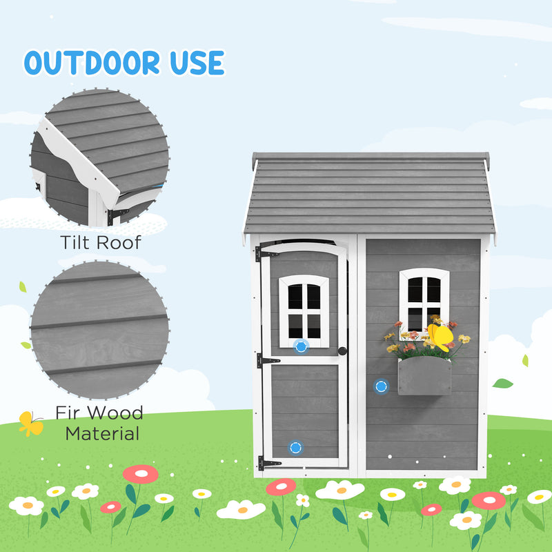 Wooden Kids Playhouse with Doors Windows and Planter Box for Garden Play Grey