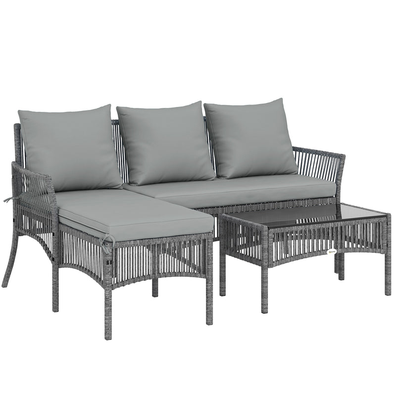Small Rattan Garden Sofa Set with Loveseat Chaise and Coffee Table for Relaxing Outdoors, Dark Grey Outsunny