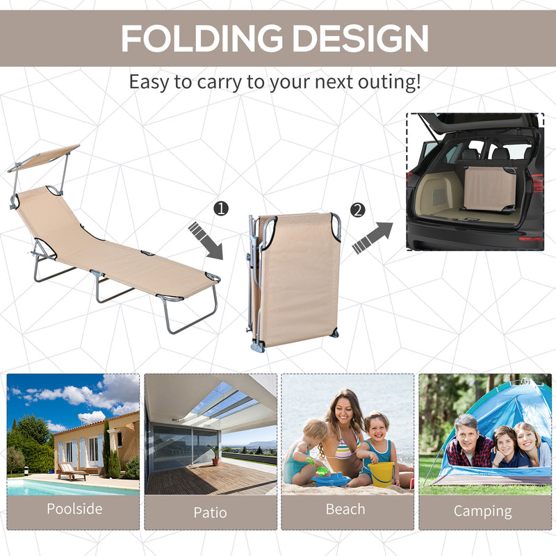Set of 2 Foldable Sun Loungers With Adjustable Backrest and Sun Shade For Garden or Beach